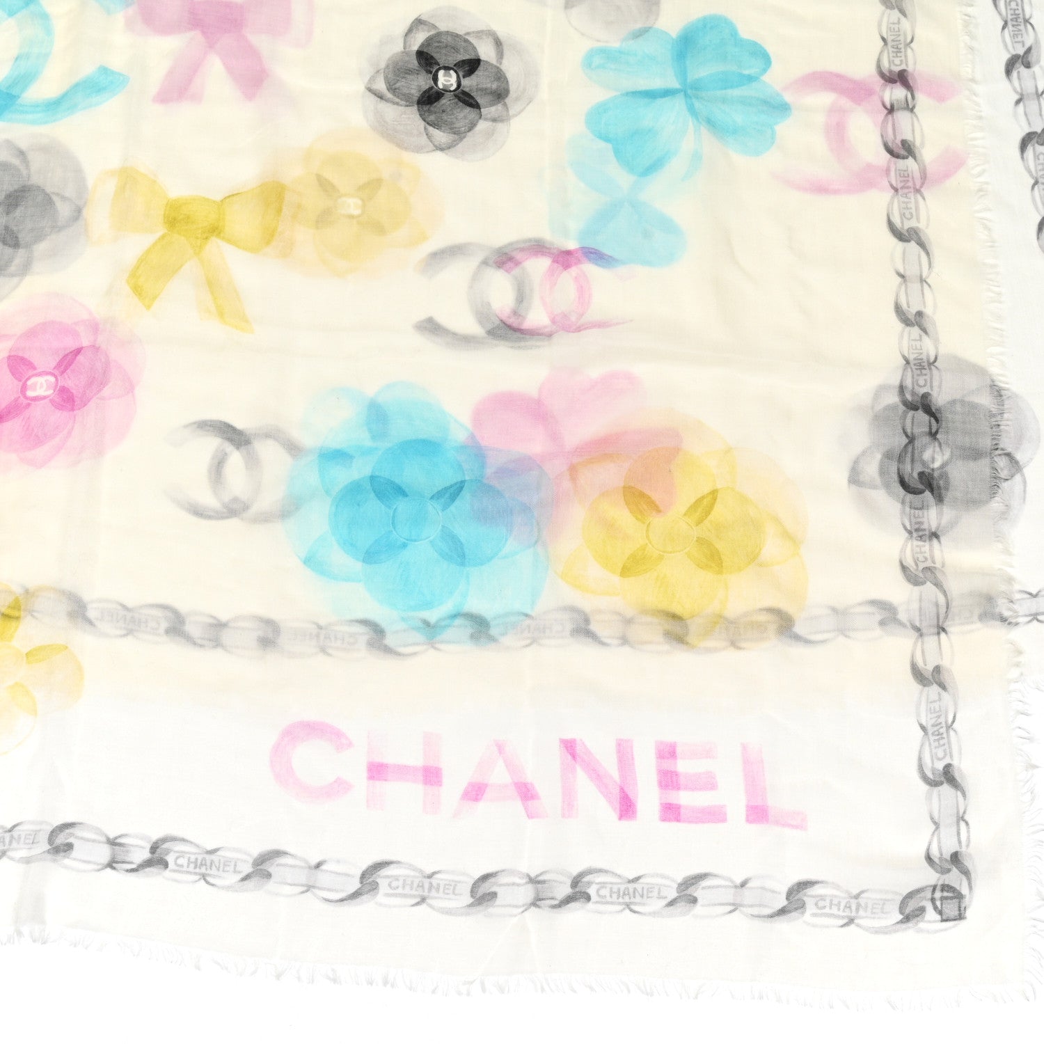 Chanel Cashmere CC Camellia Scarf Shawl Ivory Multicolor 3 of 4