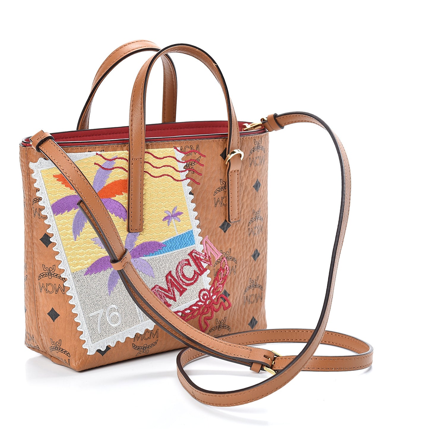 Visetos Embroidered Patch Mini Anya Travel Top Zip Shopper Tote Cognac