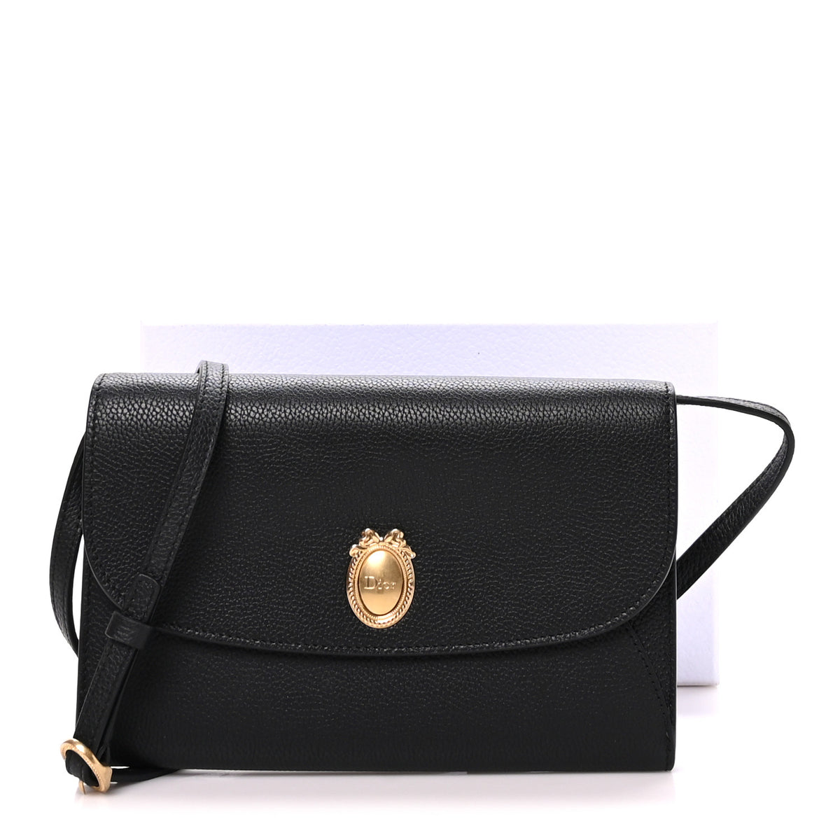Christian Dior Grained Calfskin Medallion Envelope Pouch With Strap  Black Myosotis Blue 10 of 10