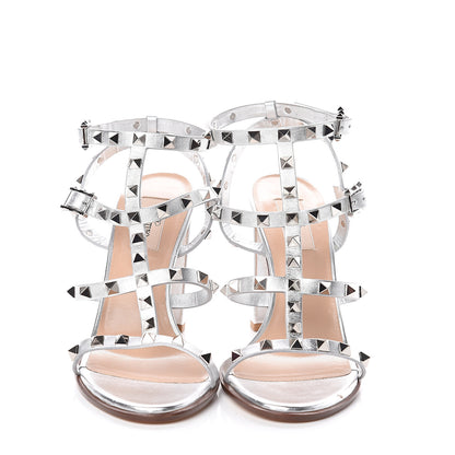 Valentino Garavani Metallic Calfskin Rockstud 90mm City Sandals 39 Silver 2 of 7