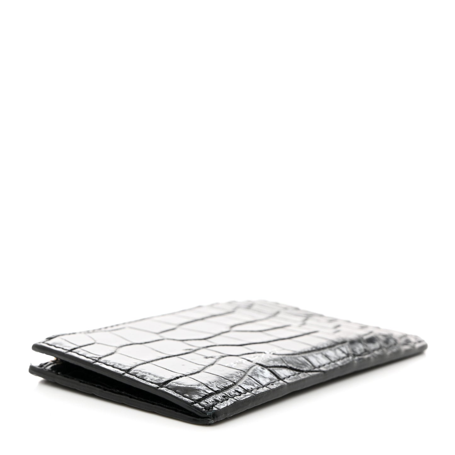 Calfskin Crocodile Embossed 5 Fragments Zip Card Case Black