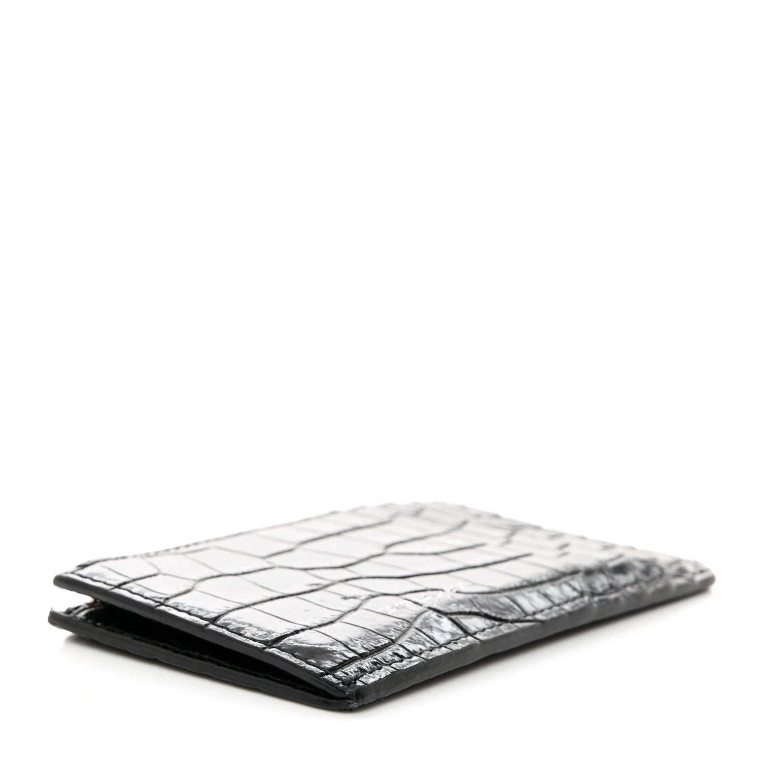 Saint Laurent Calfskin Crocodile Embossed 5 Fragments Zip Card Case Black 4 of 8