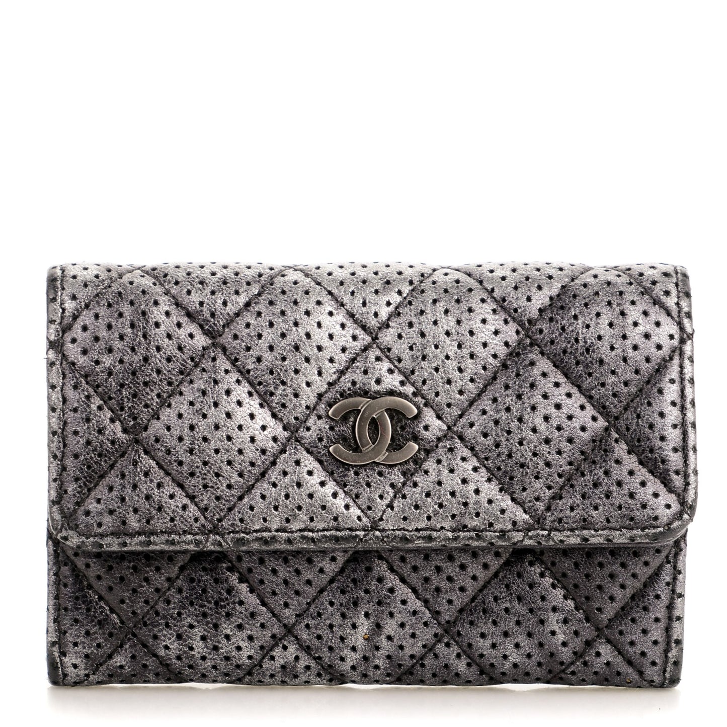 Metallic Calfskin Perforated Quilted Card Holder Grey