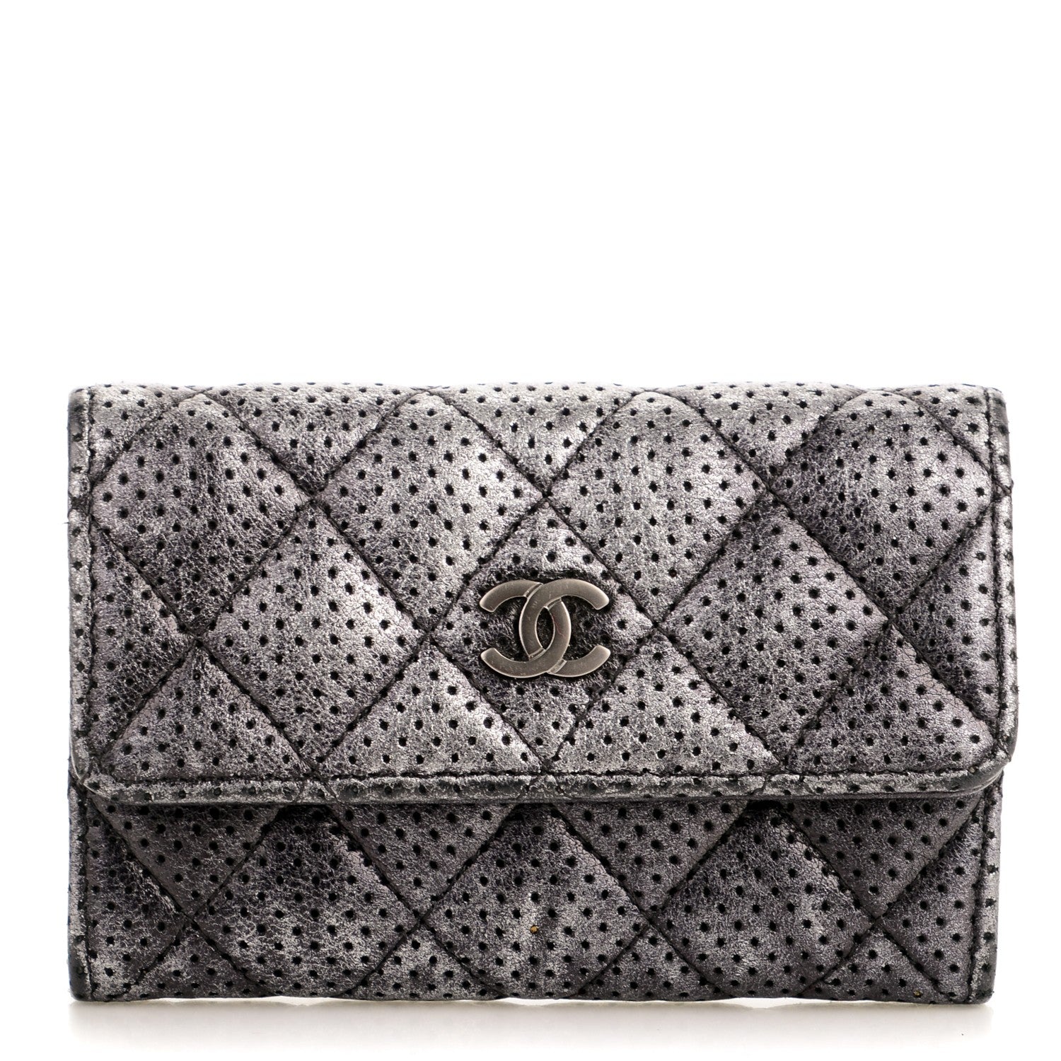 Chanel Metallic Calfskin Perforated Quilted Card Holder Grey 1 of 8