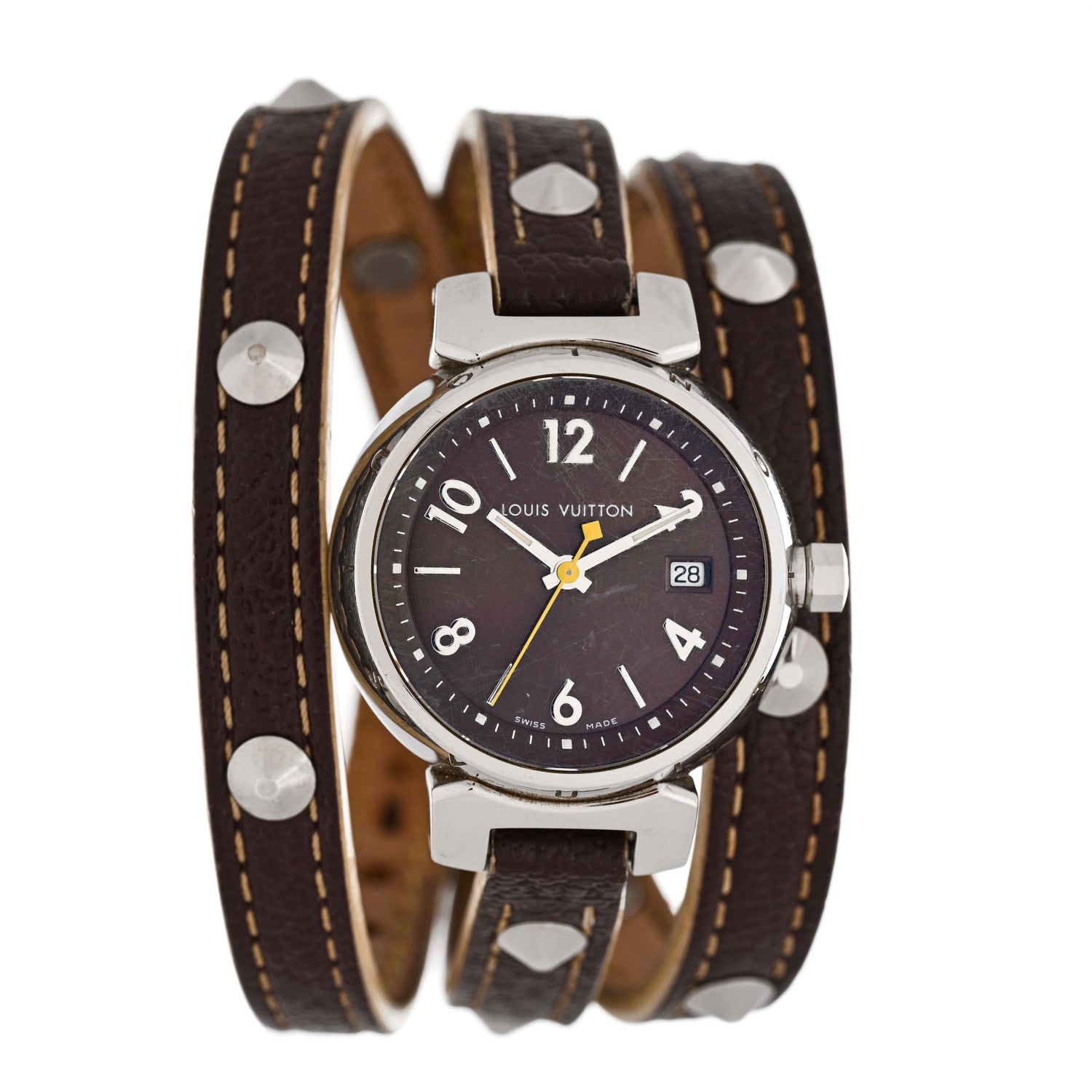 Louis Vuitton Stainless Steel Calfskin 28mm Tambour Triple Wrap Quartz Watch Brown 1 of 10