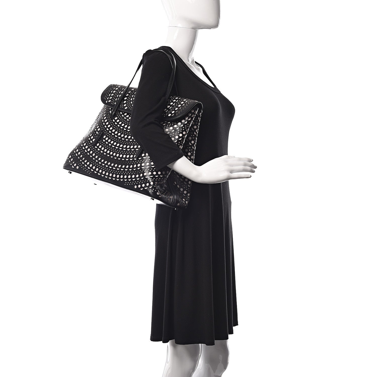 Alaia Calfskin Laser Cut Flap Tote Black 2 of 13