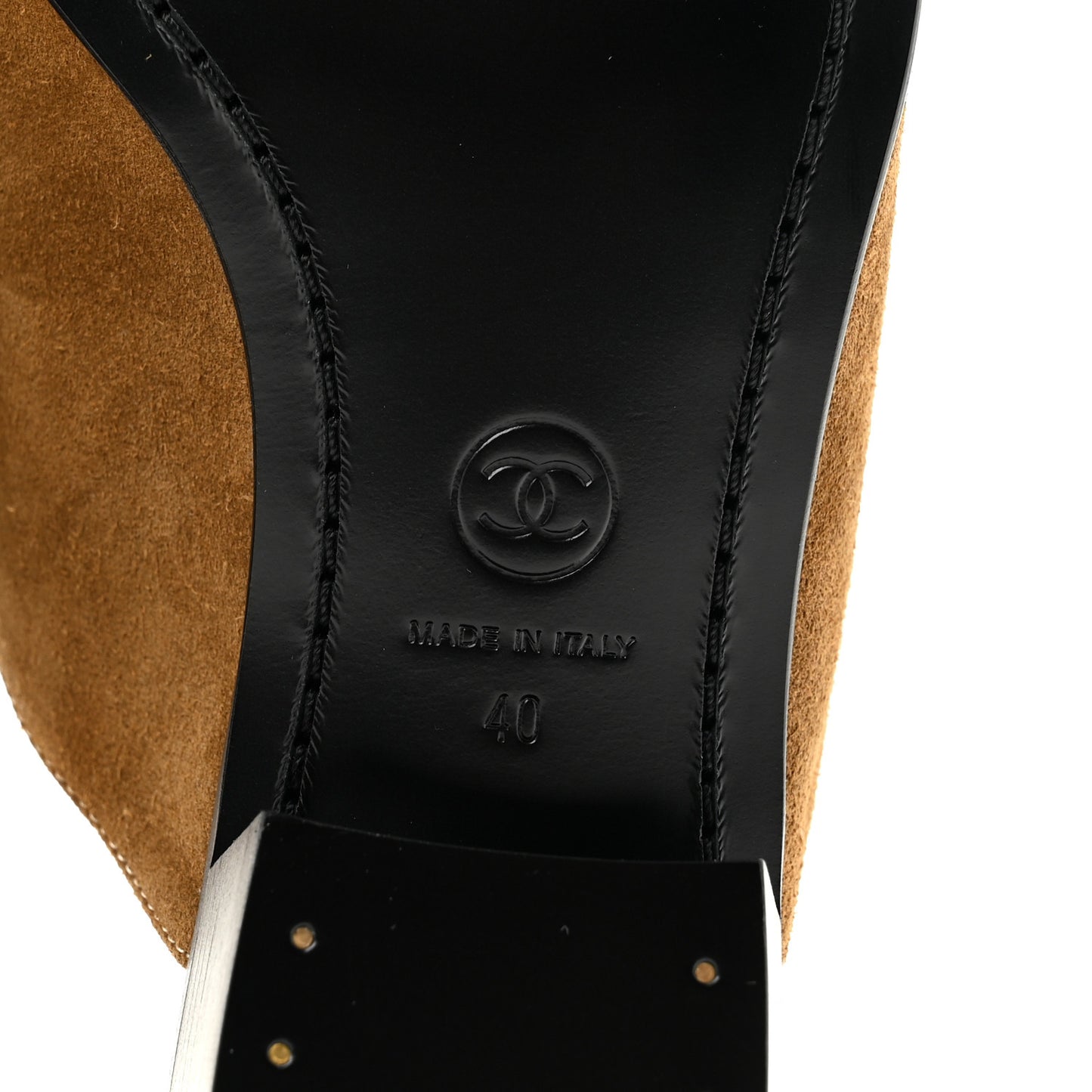 Suede Calfskin CC Turn Lock Mules 40 Dark Beige