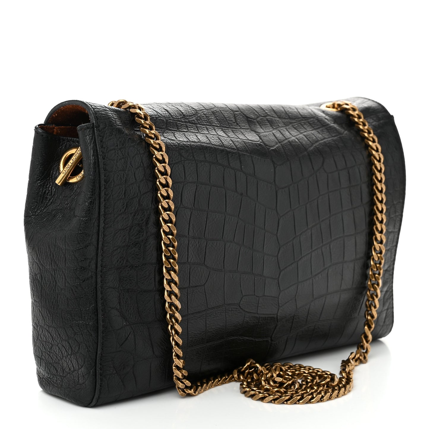 Calfskin Crocodile Embossed Suede Medium Reversible Monogram Kate Satchel Military Taupe