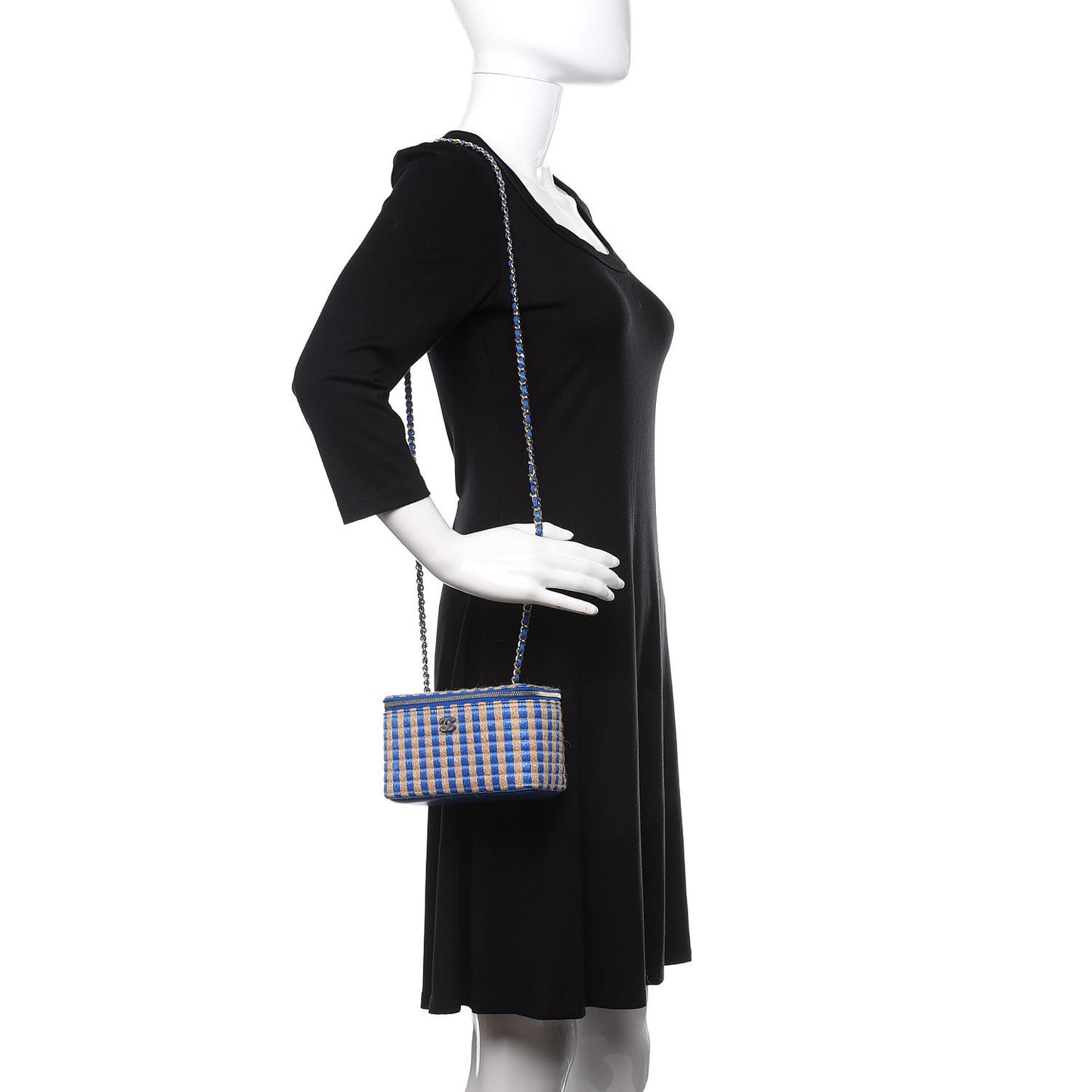 Raffia Jute Striped Small Vanity Case With Chain Blue Beige