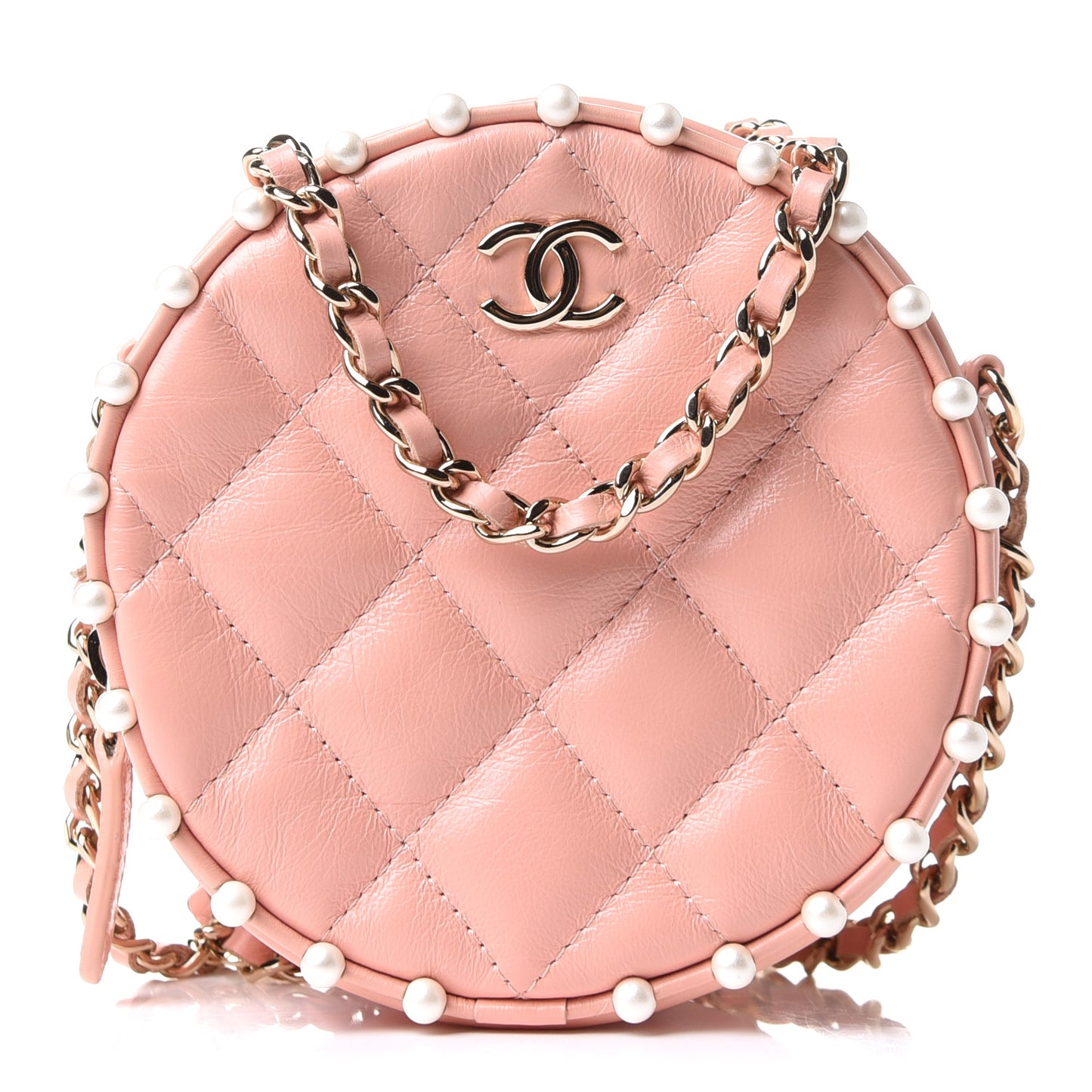Calfskin Quilted Pearl Round Clutch With Chain Pink