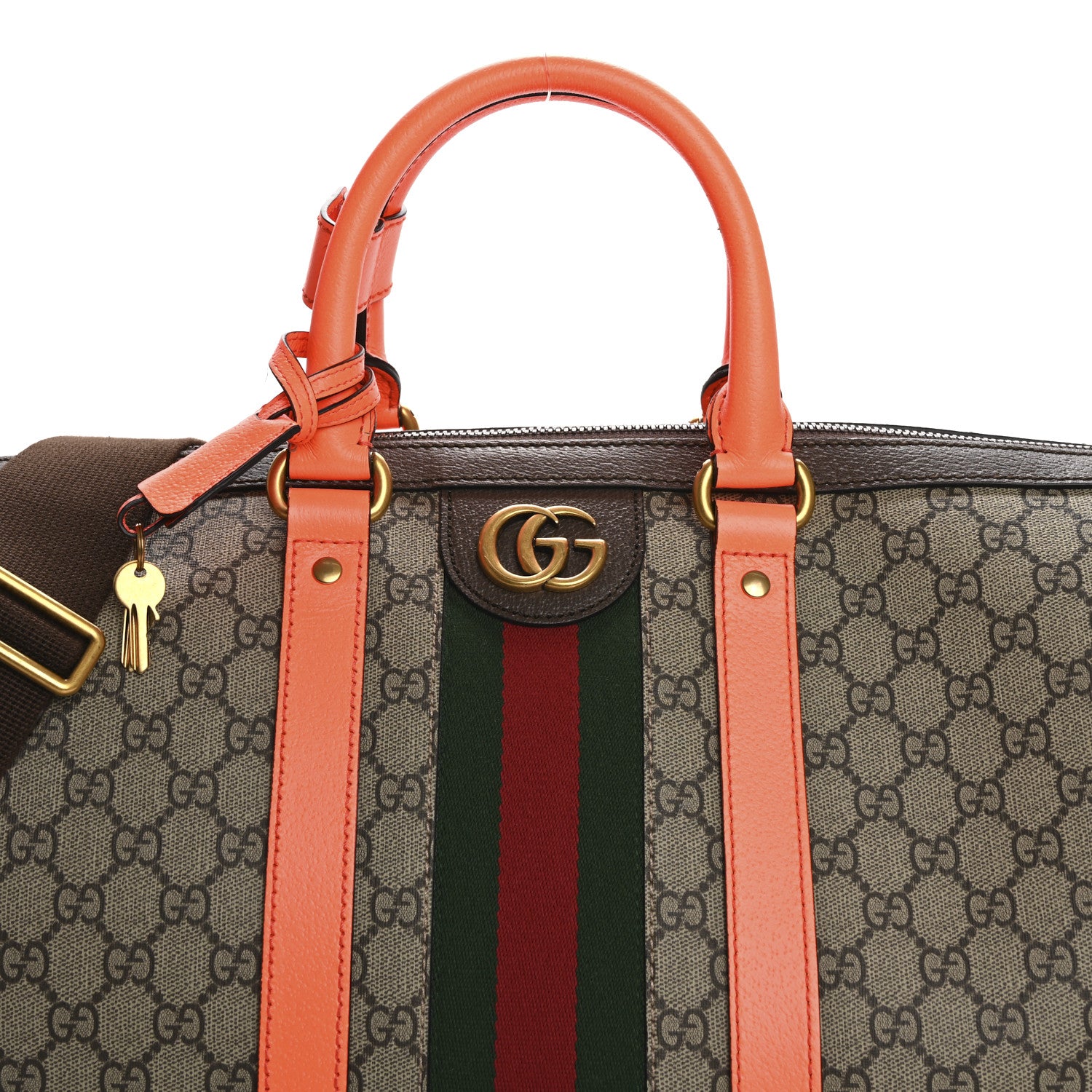 Gucci GG Supreme Monogram Textured Dollar Calfskin Web Medium Savoy Duffle Bag Beige Ebony Fluorescent Orange 9 of 16