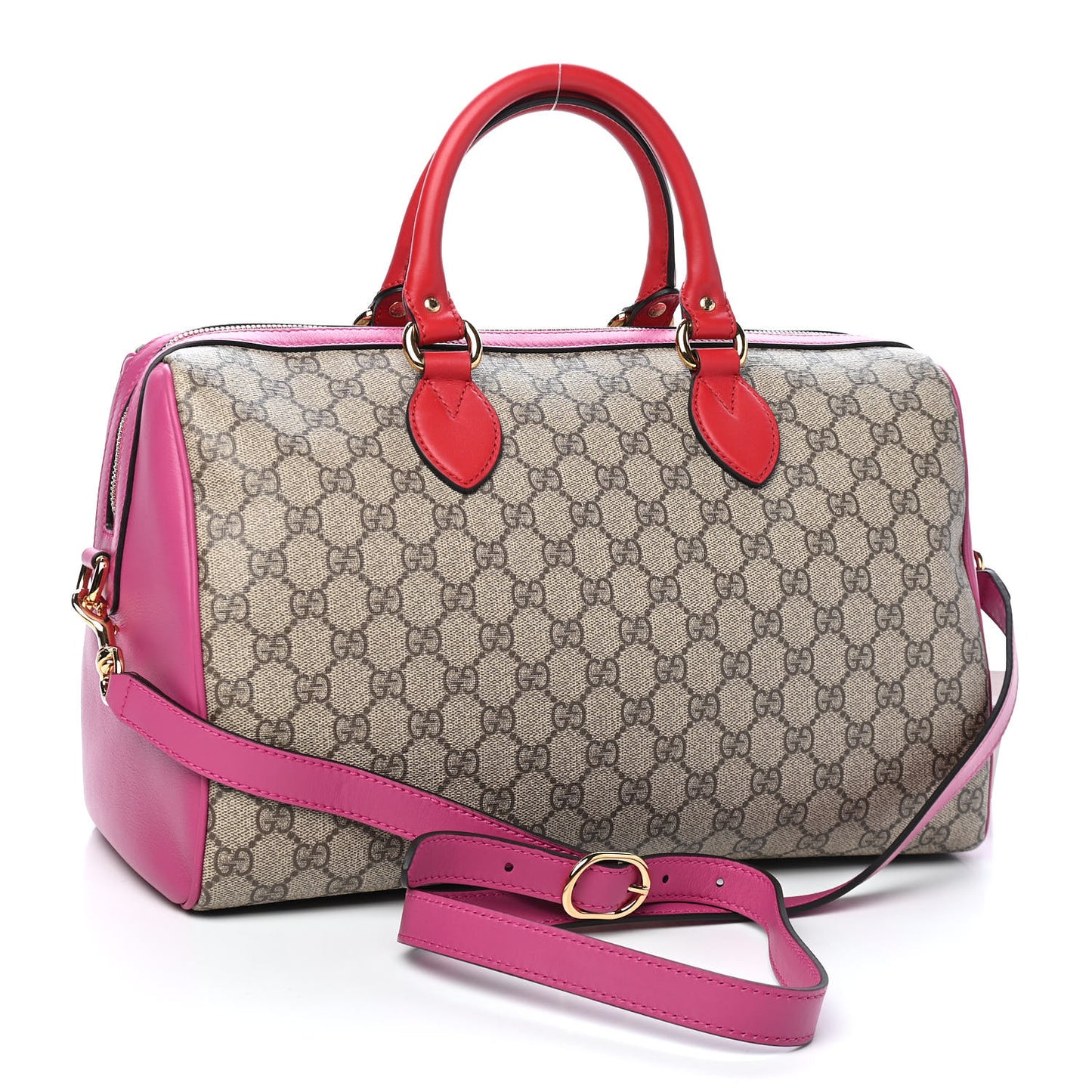GG Supreme Monogram Medium Boston Beige Hibiscus Red New Rosette