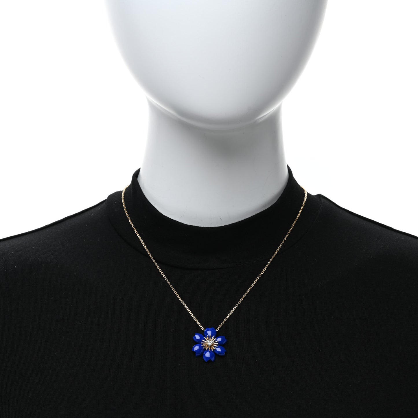 18K Yellow Gold Diamond Lapis Lazuli Mini Rose De Noel Pendant Necklace