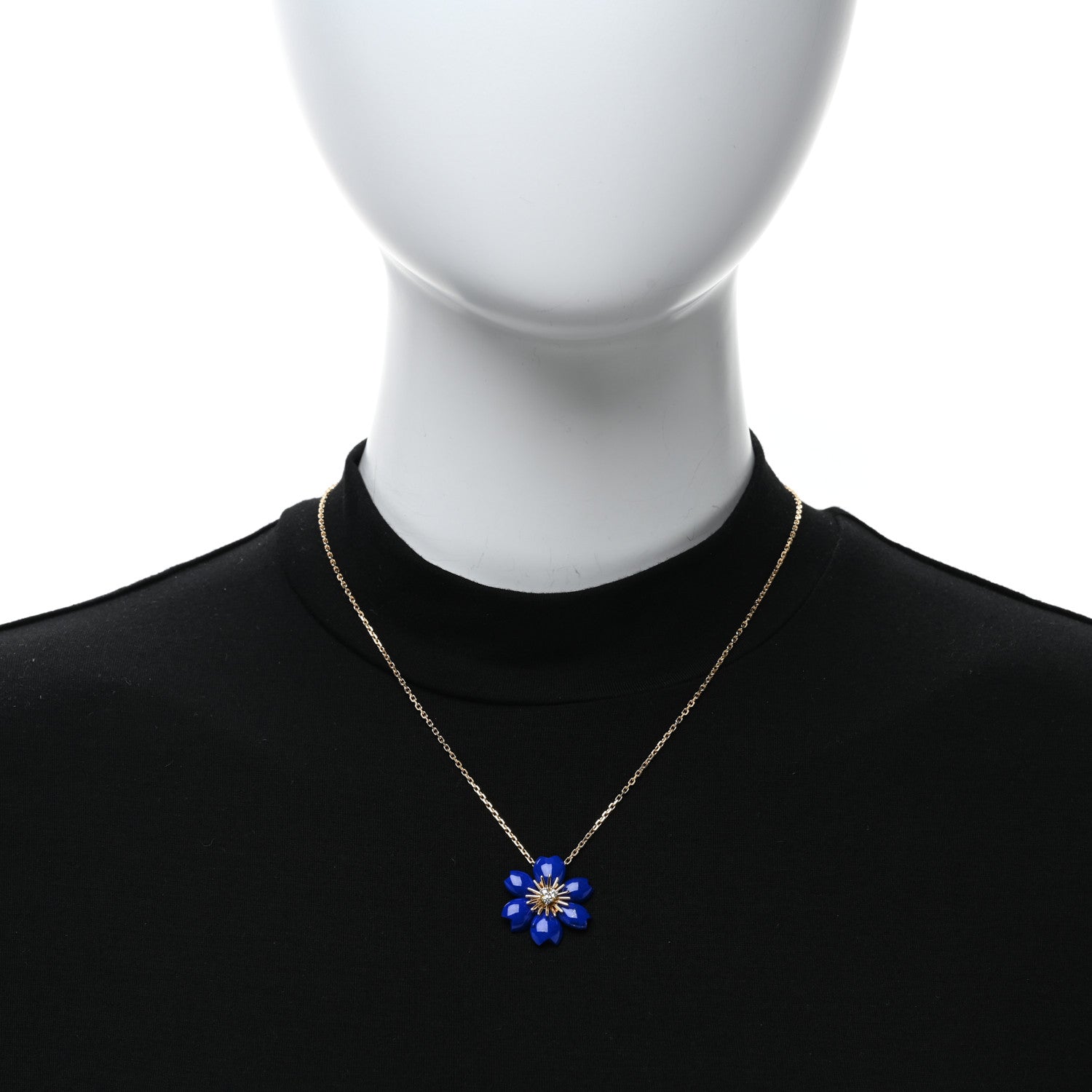 Van Cleef & Arpels 18K Yellow Gold Diamond Lapis Lazuli Mini Rose De Noel Pendant Necklace 2 of 5