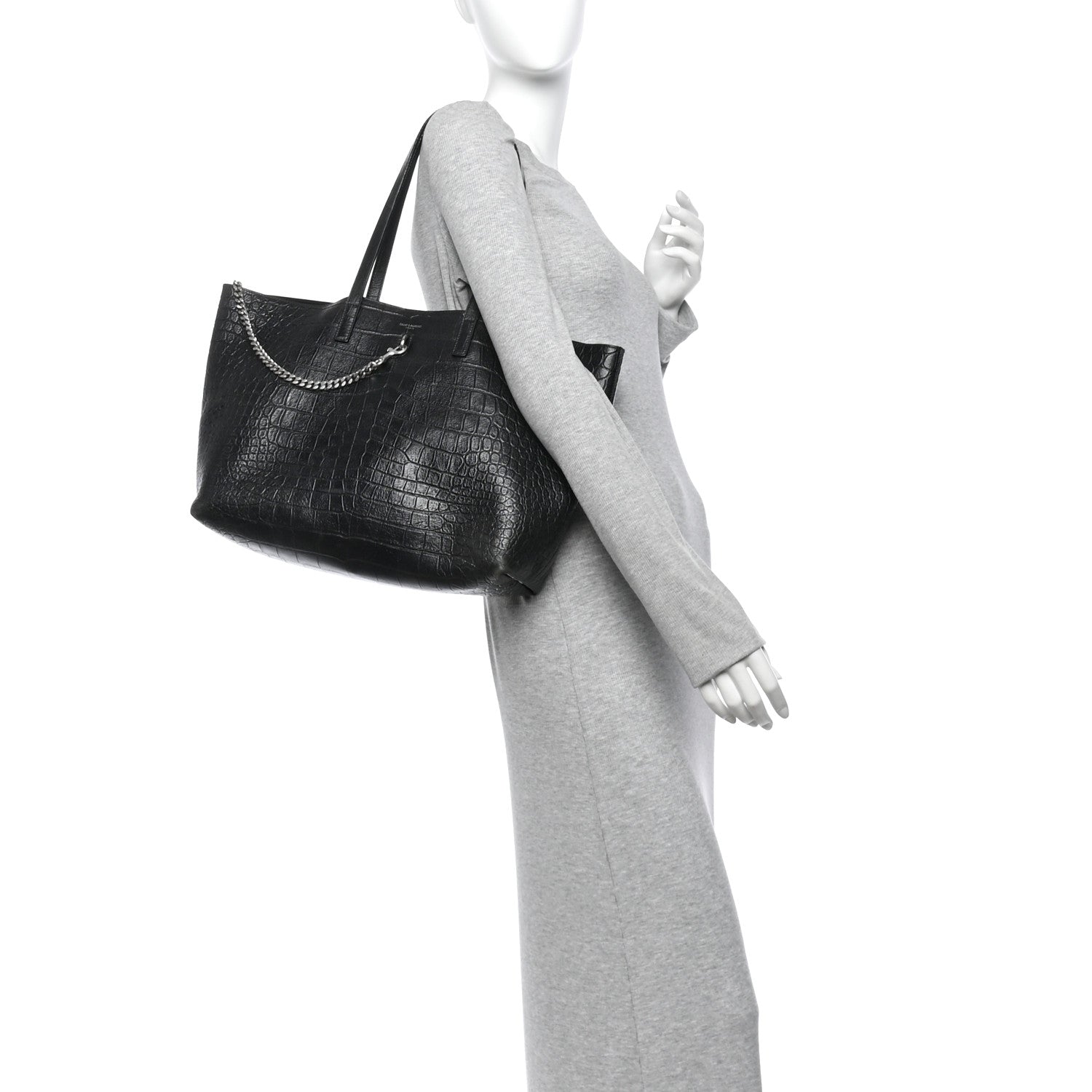 Saint Laurent Calfskin Crocodile Embossed Shopping Tote Black 2 of 16