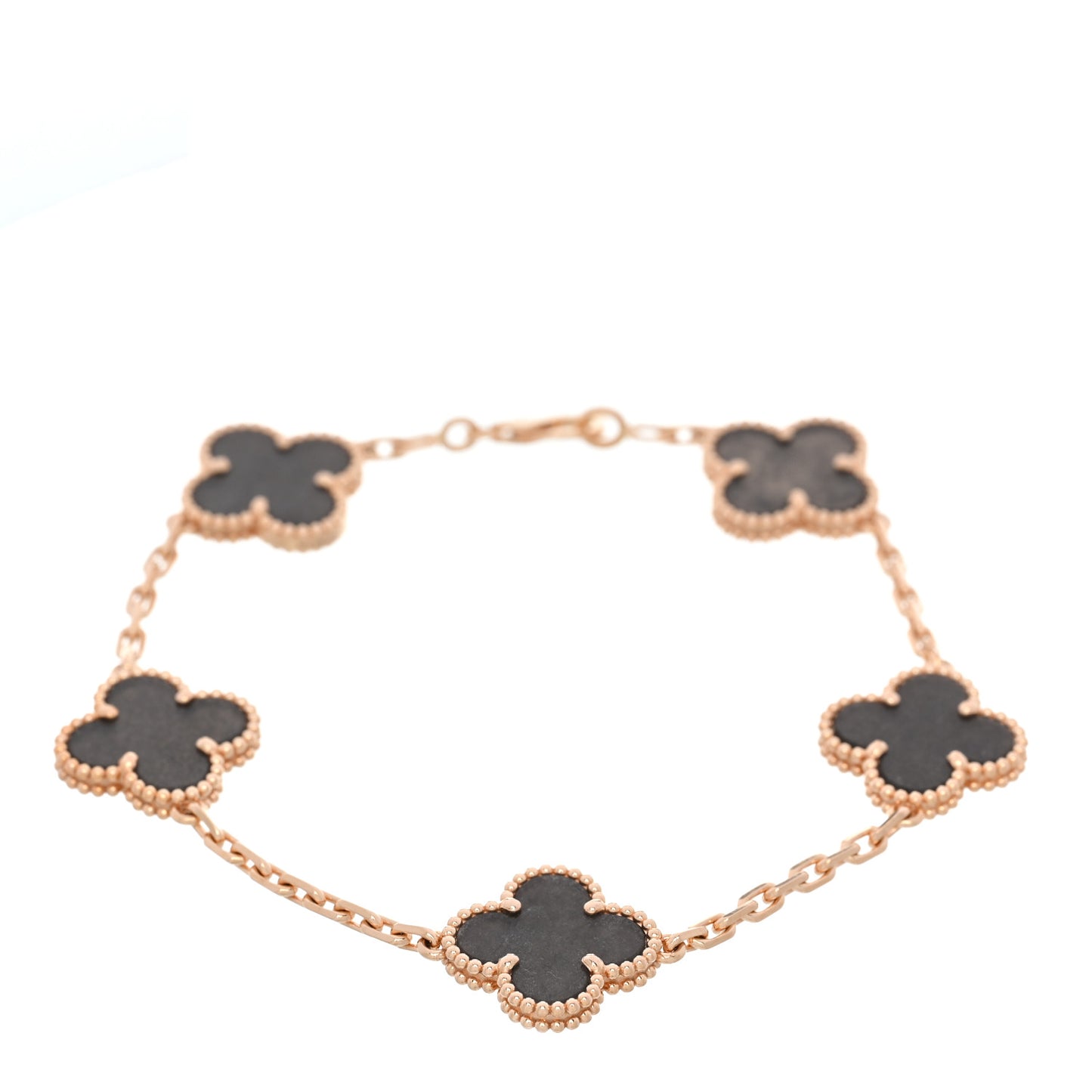 18K Rose Gold Silver Obsidian 5 Motifs Vintage Alhambra Bracelet