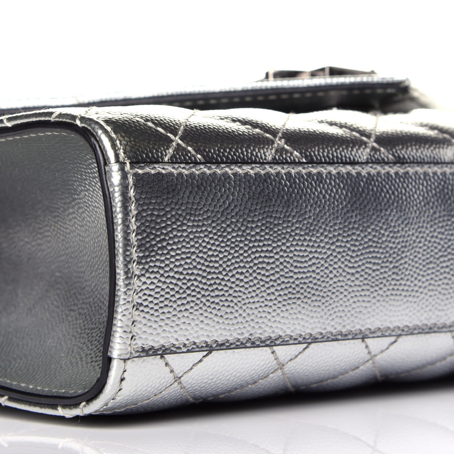 Saint Laurent Metallic Grain De Poudre Textured Mixed Matelasse Triquilt Medium Monogram Satchel Silver 7 of 8
