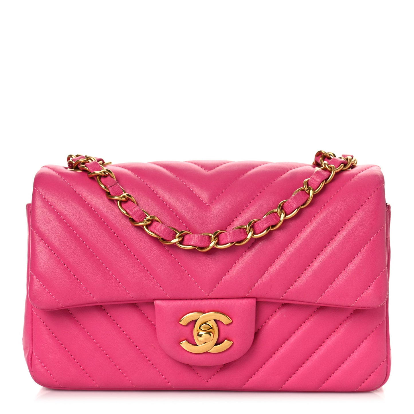 Lambskin Chevron Quilted Mini Rectangular Flap Dark Pink