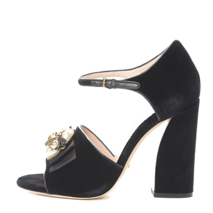 Gucci Velvet Pearl Bee Embellished Sandals 40 Black 1 of 8