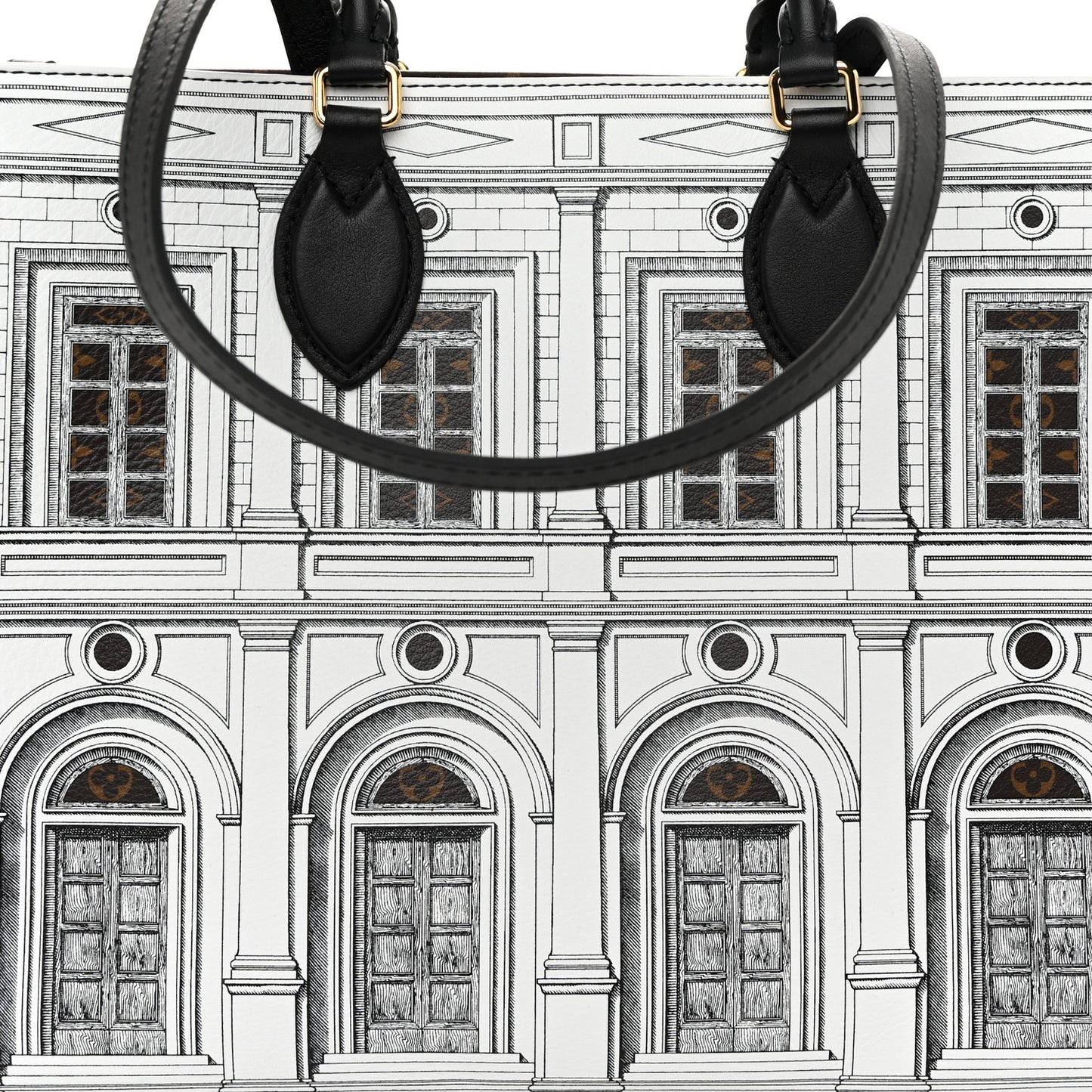 X FORNASETTI Calfskin Architettura Onthego MM Black White