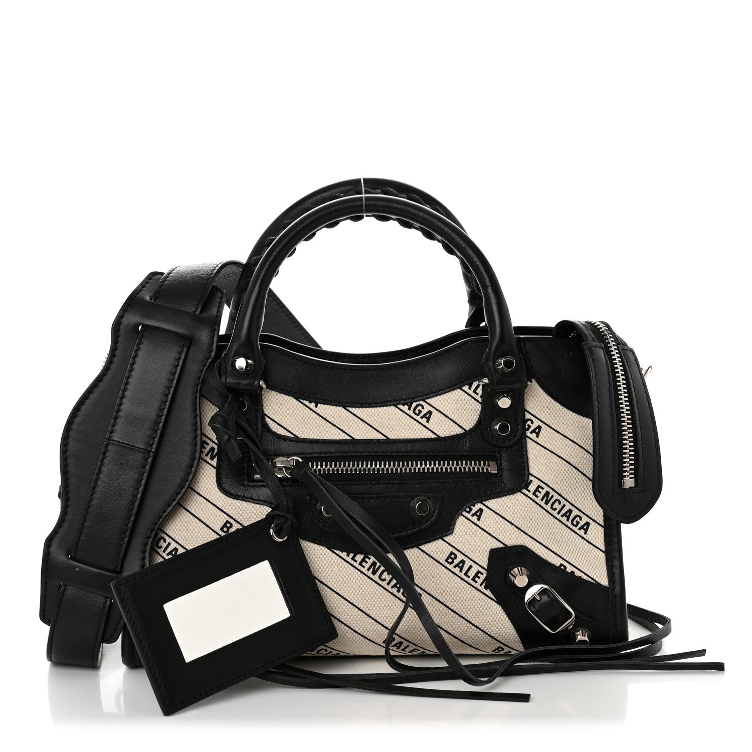 Balenciaga Canvas Satin Calfskin Diagonal Allover Logo Print Classic Silver Hardware Mini City Natural Black 1 of 9