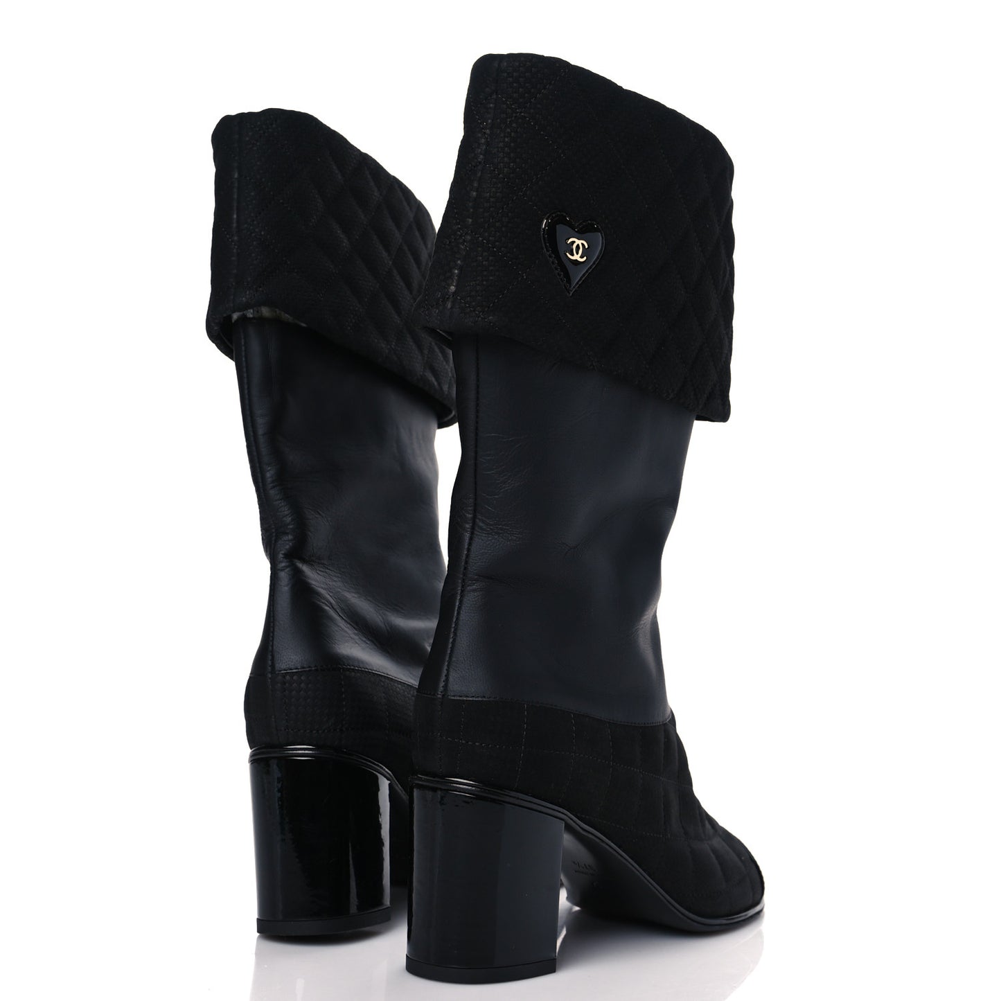 Perforated Suede Calfskin Patent Foldover CC Cap Toe Clover Short Boots 37.5 Black