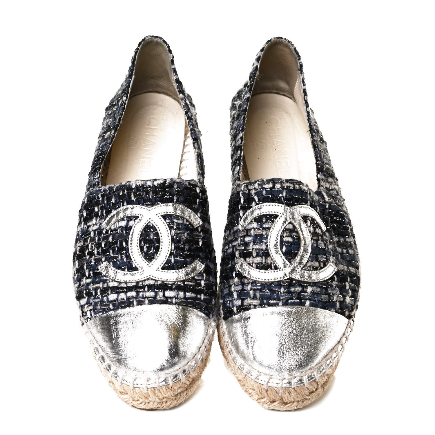Chanel Metallic Tweed Lambskin CC Espadrilles 38 Blue Black Silver 5 of 13