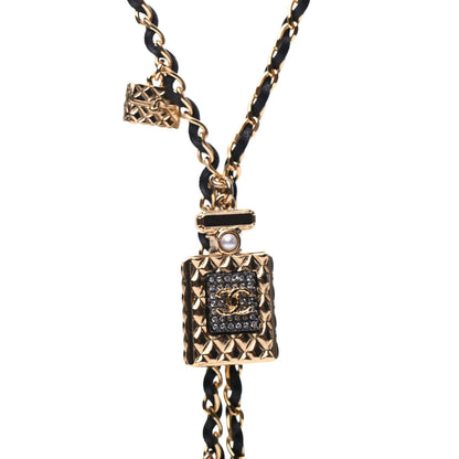 Chanel Calfskin Crystal Pearl Perfume Bottle CC Charm Necklace Black Gold 4 of 7