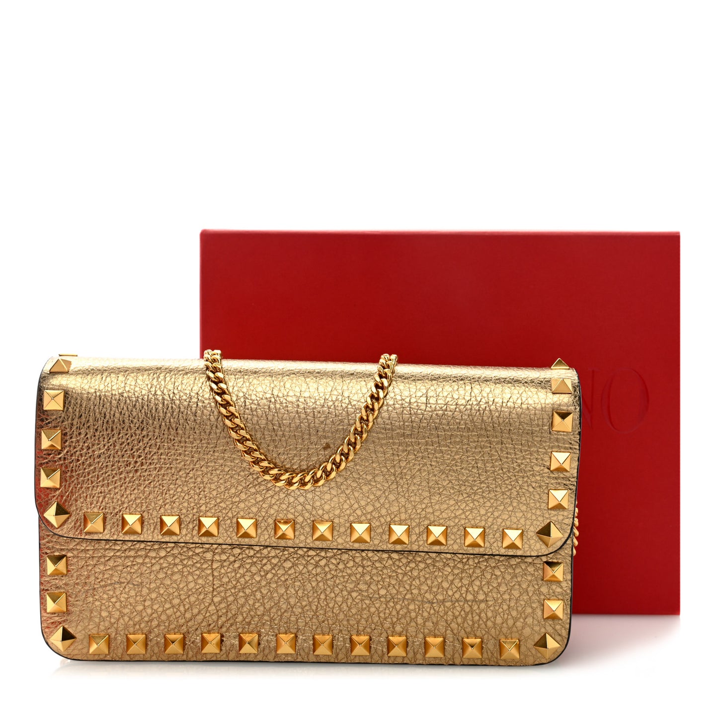 Pebbled Calfskin Rockstud Flap Wallet On Chain Soft Gold