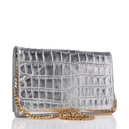 Saint Laurent Calfskin Crocodile Embossed Monogram Chain Wallet Argento 3 of 9