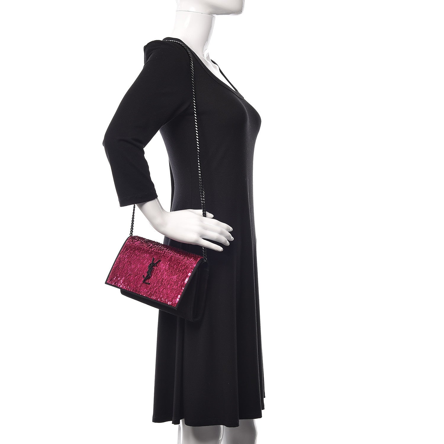 Saint Laurent Sequin Suede Monogram Chain Wallet Fuchsia Black 2 of 11