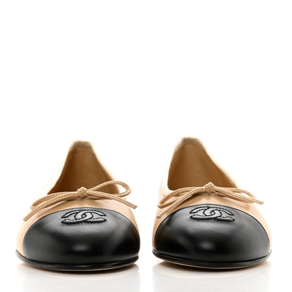 Chanel Lambskin Cap Toe CC Ballerina Flats 38 Beige Black 2 of 9