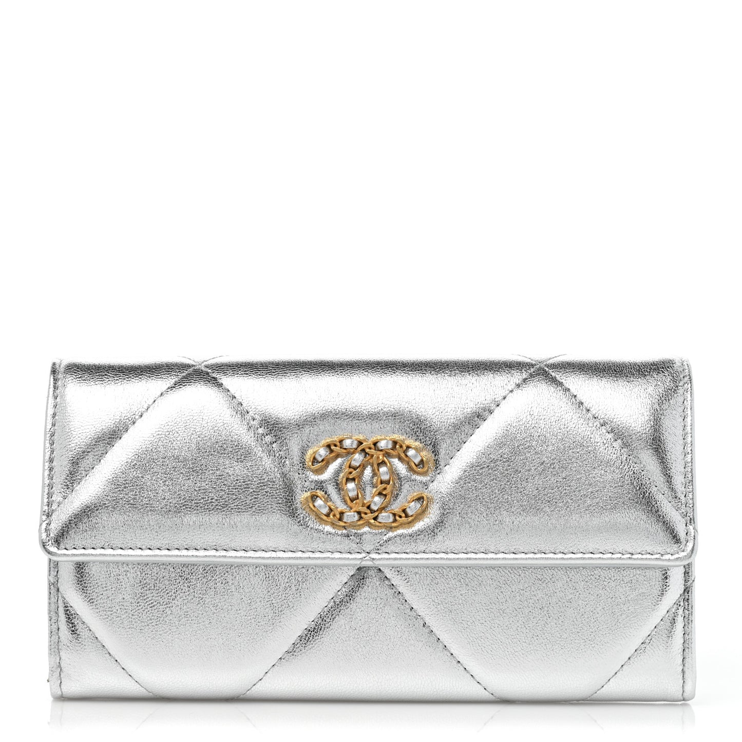 Metallic Lambskin Quilted Chanel 19 Flap Wallet Silver