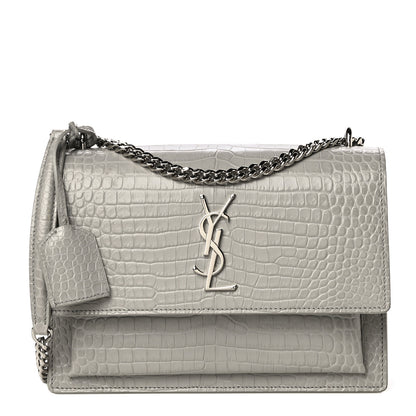 Saint Laurent Calfskin Crocodile Embossed Medium Monogram Sunset Gris Perle 1 of 14