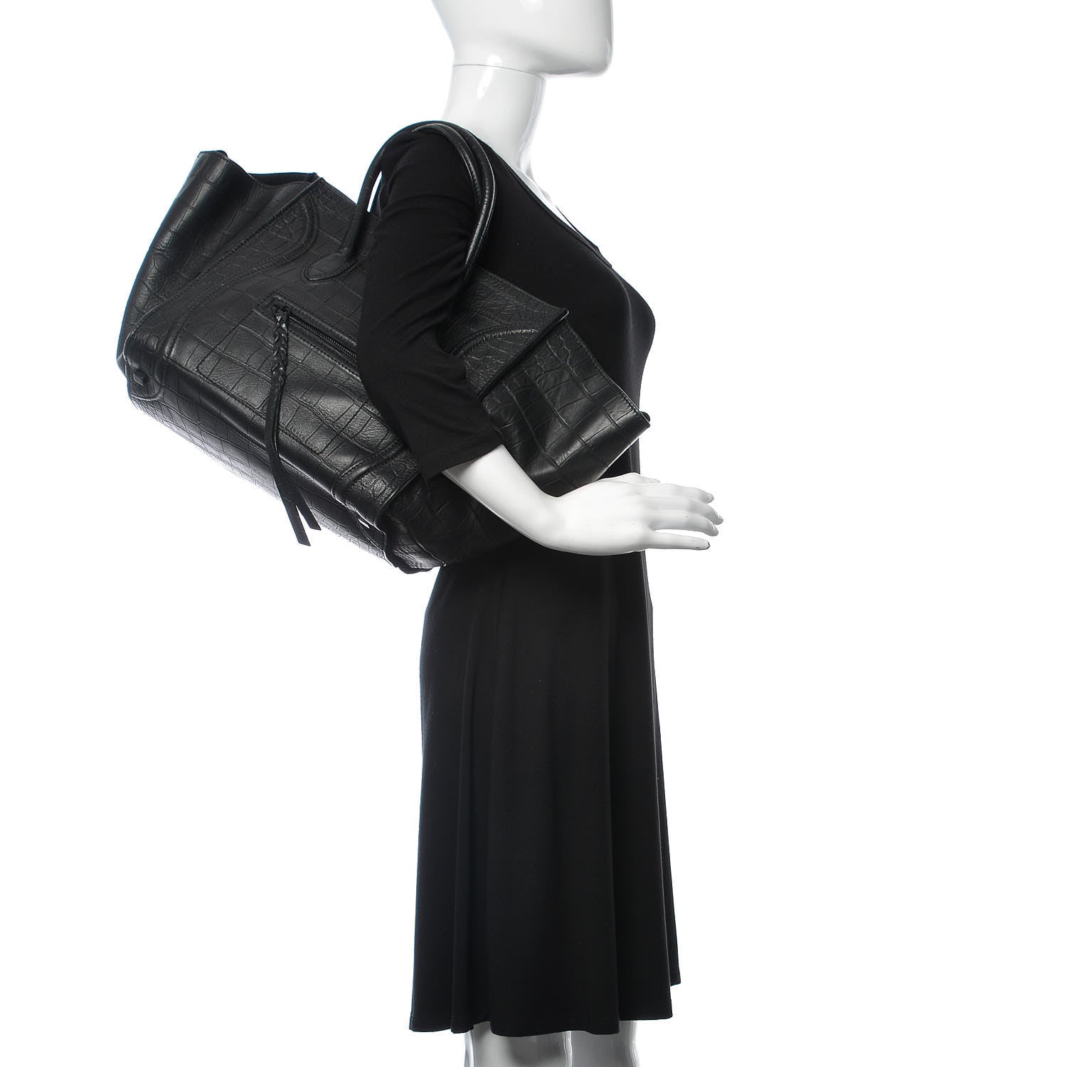 Celine Crocodile Embossed Calfskin Medium Phantom Luggage Black 2 of 19