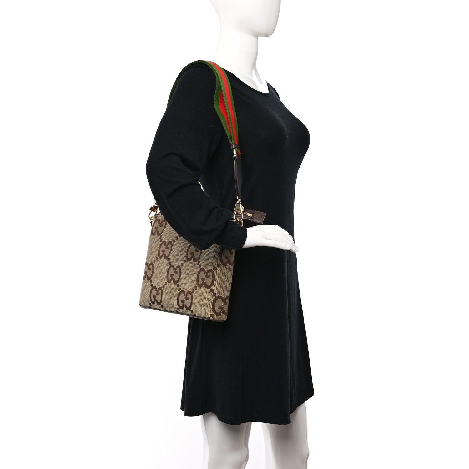 Gucci Monogram Jumbo GG Textured Dollar Calfskin Web Wristlet Messenger Bag Camel Ebony New Acero 2 of 11
