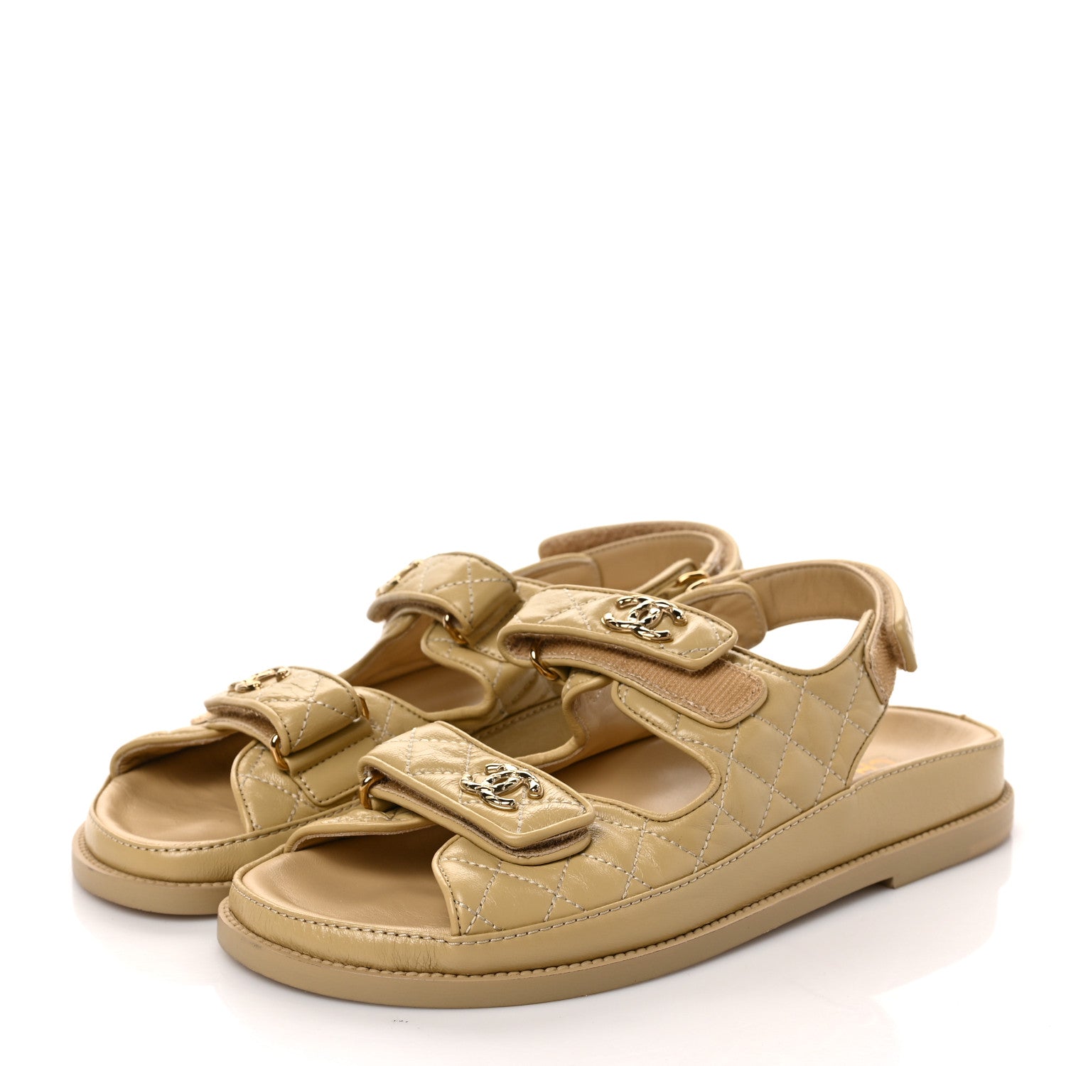 Chanel Crumpled Shiny Lambskin Velcro Dad Sandals 40 Beige 3 of 9