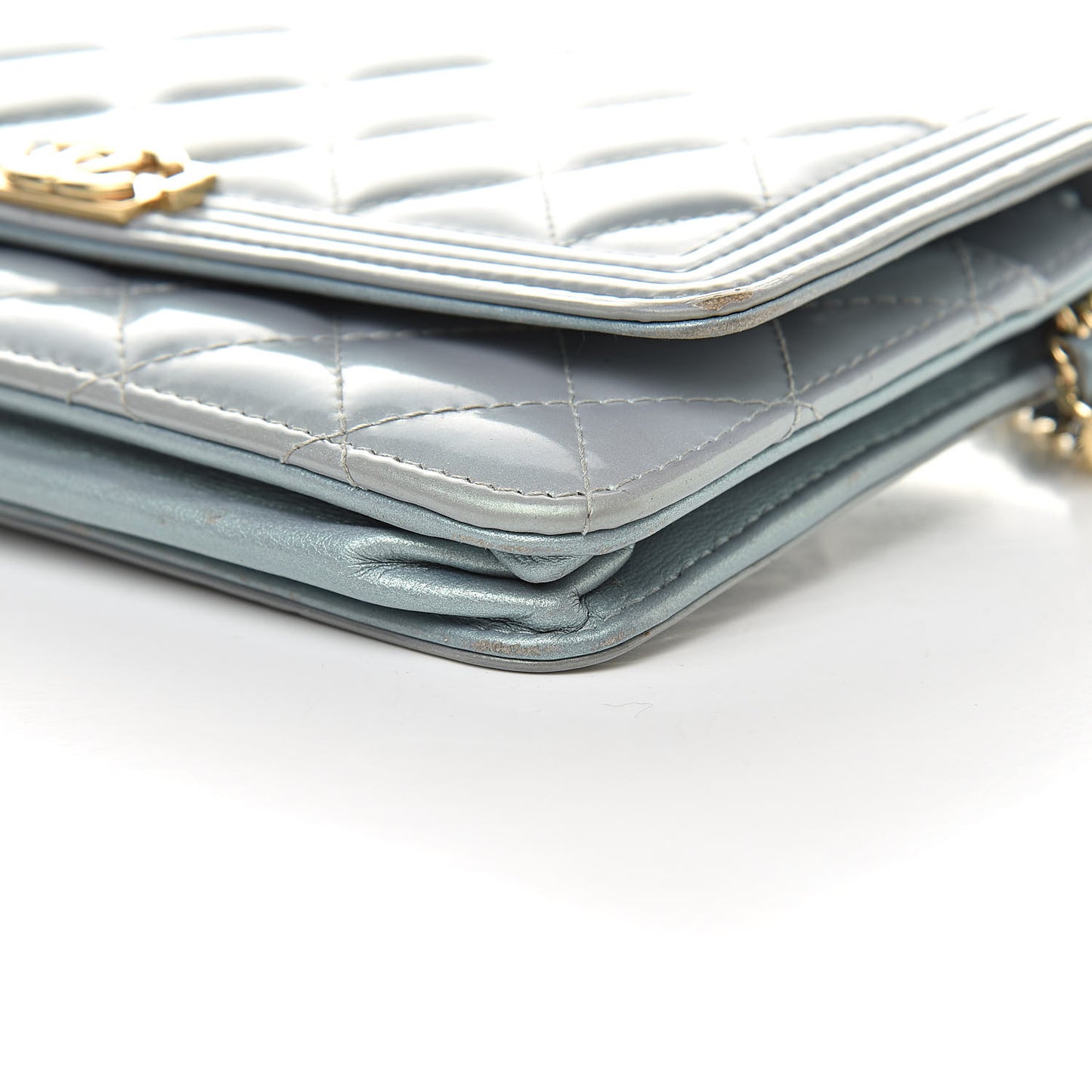 Metallic Patent Calfskin Quilted Boy Wallet on Chain WOC Light Blue