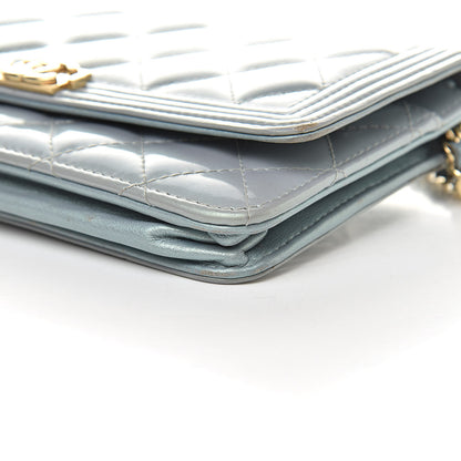 Chanel Metallic Patent Calfskin Quilted Boy Wallet on Chain WOC Light Blue 11 of 15