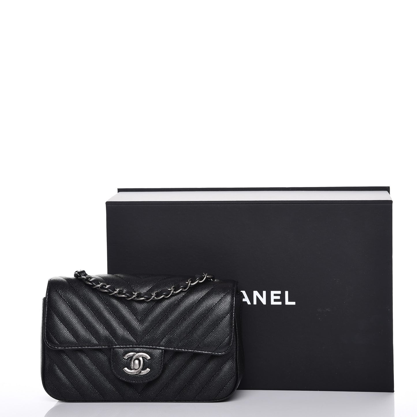 Metallic Caviar Chevron Quilted Mini Rectangular Flap Black