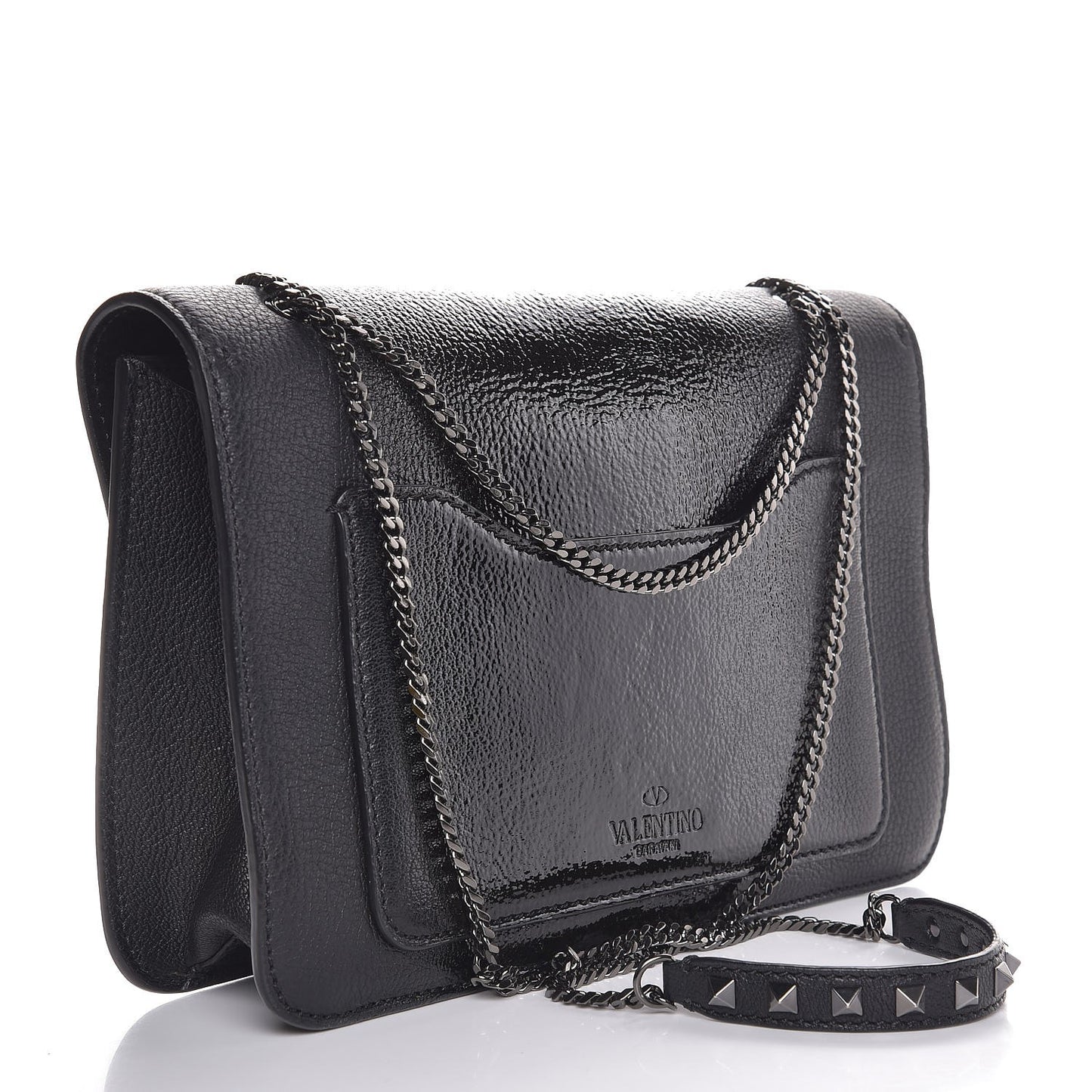Patent Pebbled Calfskin Medium Rockstud Demilune Shoulder Bag Black