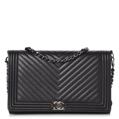 Chanel Calfskin Chevron Boy Wallet On Chain WOC Black 1 of 9