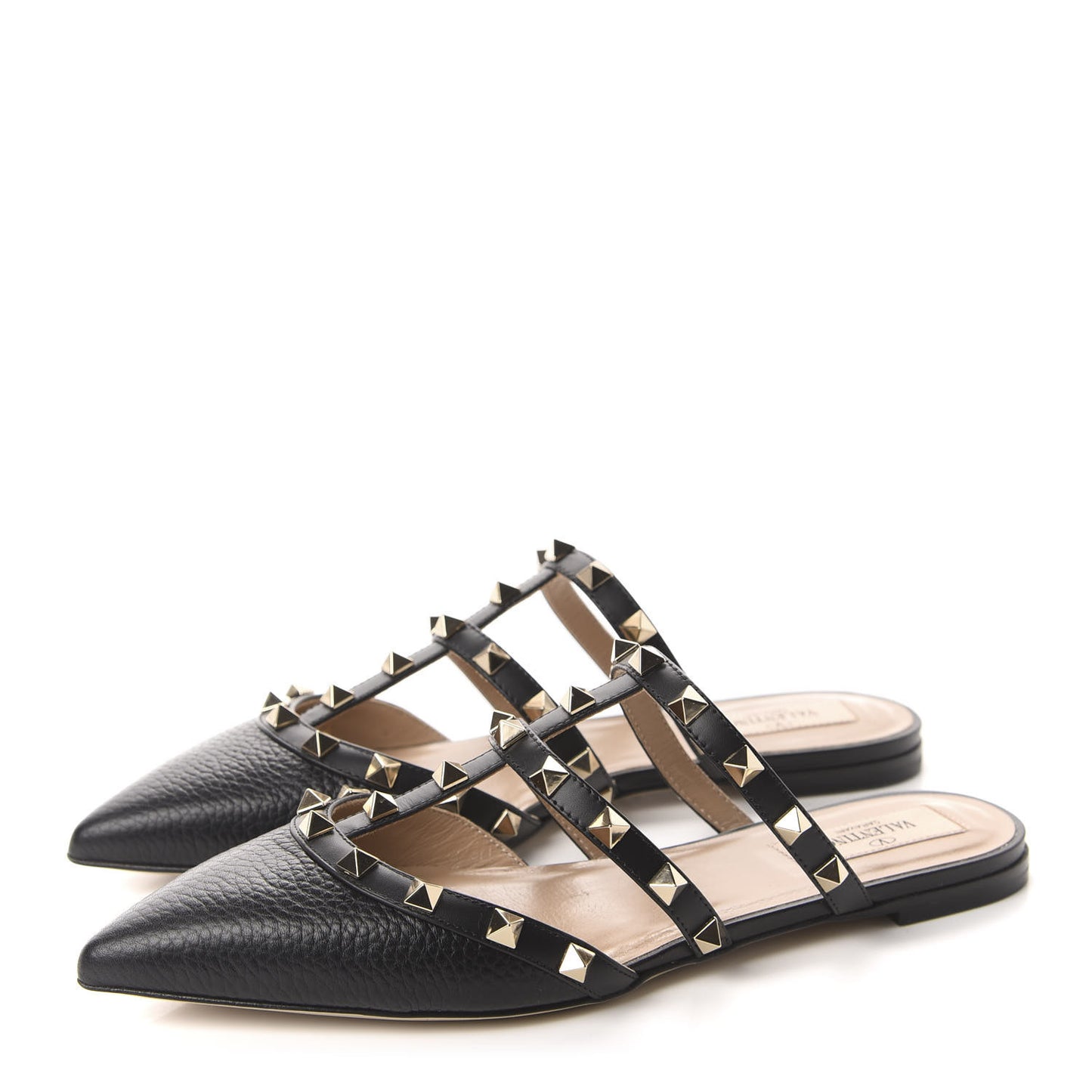 Pebbled Calfskin Rockstud Flat Cage Mules 36.5 Black