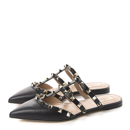 Valentino Garavani Pebbled Calfskin Rockstud Flat Cage Mules 36.5 Black 3 of 11