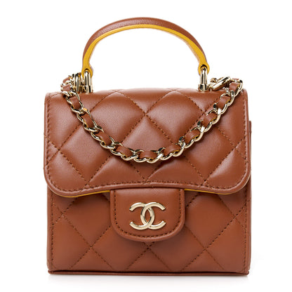 Chanel Lambskin Quilted Top Handle Flap Clutch With Chain Brown Yellow 1 of 10