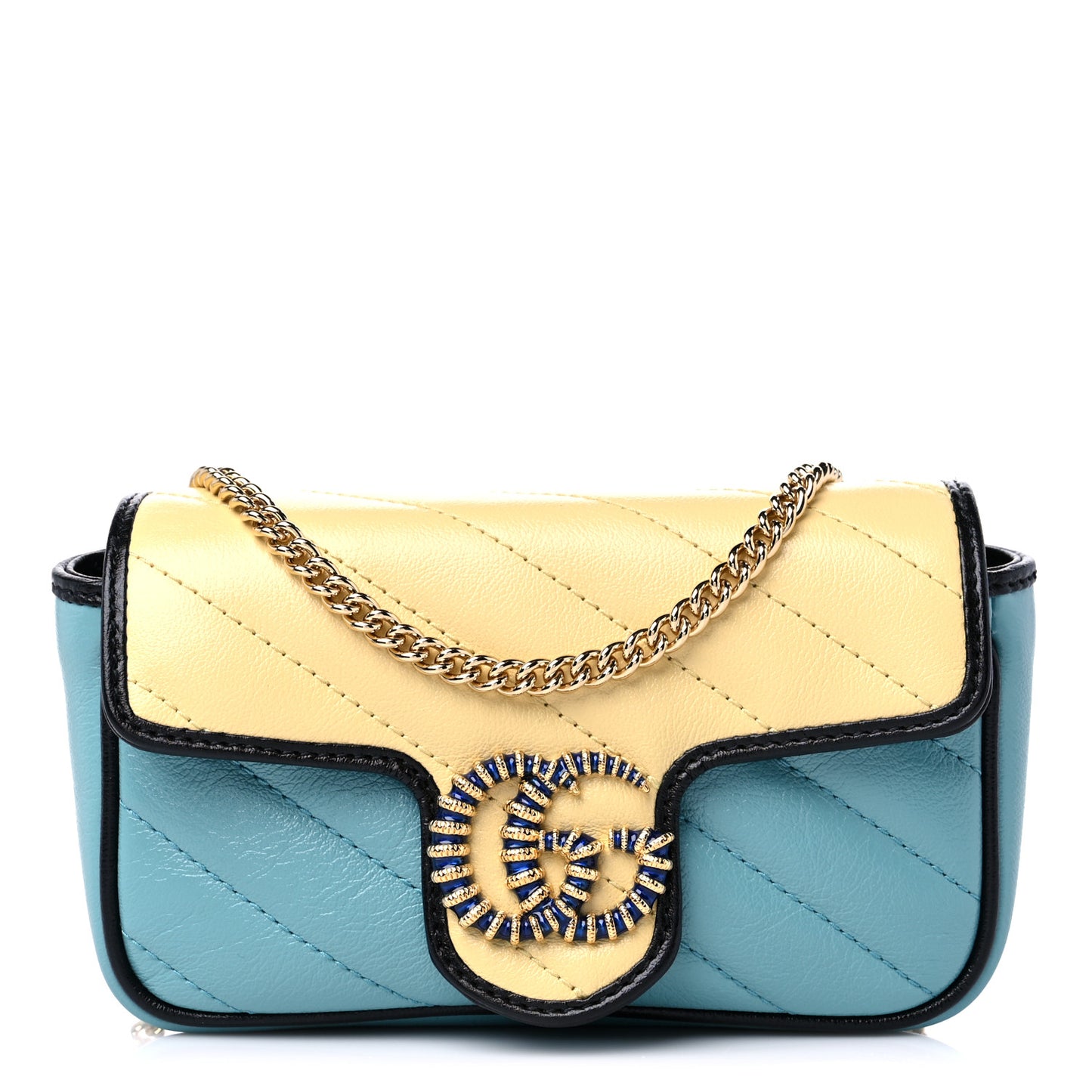 Azalea Calfskin Enamel Matelasse Diagonal Super Mini Torchon GG Marmont Shoulder Bag Butter Dusty Azure Black Electric Blue