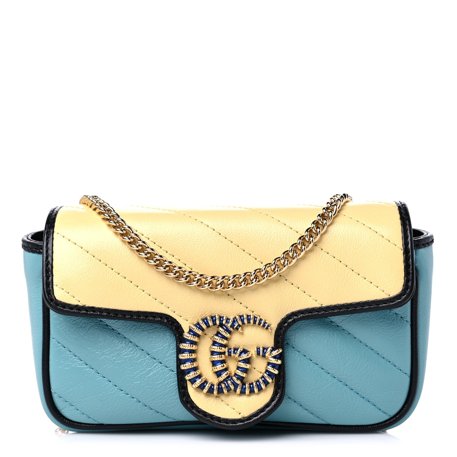 Gucci Azalea Calfskin Enamel Matelasse Diagonal Super Mini Torchon GG Marmont Shoulder Bag Butter Dusty Azure Black Electric Blue 1 of 9