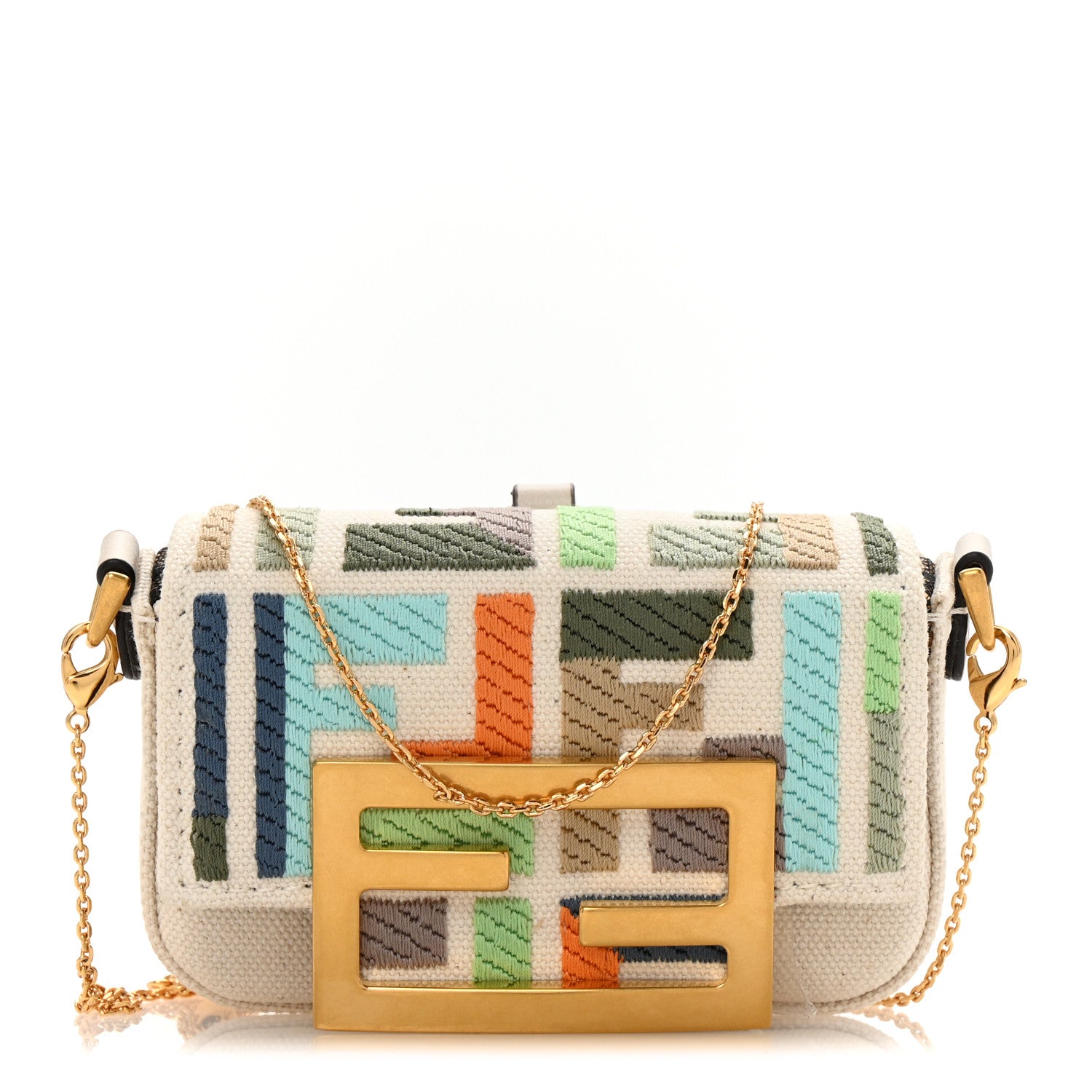Fendi Canvas Nappa FF Multicolor Embroidered Nano Maxi Buckle Baguette Charm Grezzo Multicolor 1 of 10