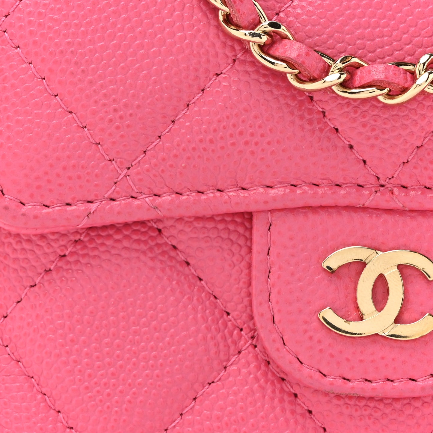 Caviar Quilted Flap Card Holder On Chain Pink