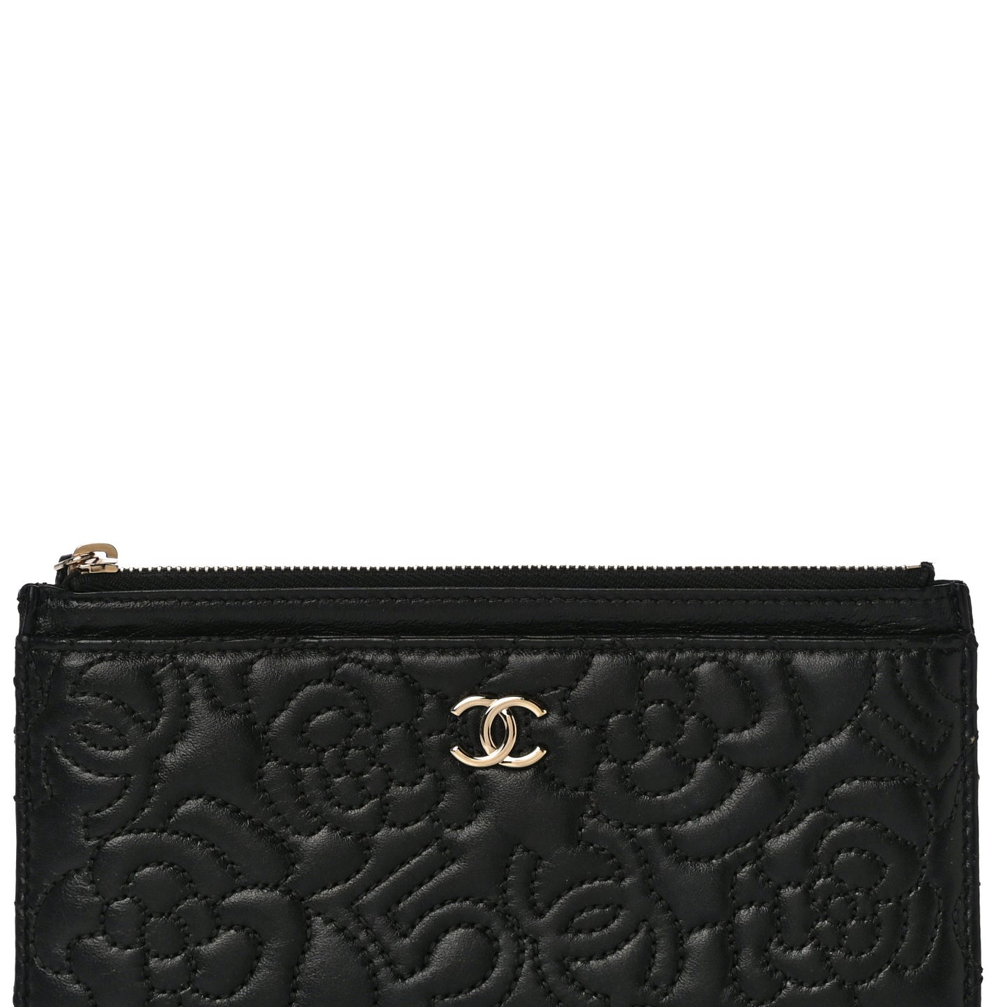 Lambskin Camellia Embossed Classic Zip Pouch Black